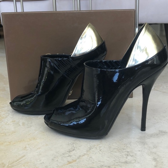 Gucci Black Stiletto Open Toe Booties Gold Back -8 - Picture 6 of 10
